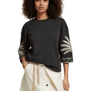 Scotch & Soda Black With Cream Embroidery Pullover Sweatshirt Size Medium
